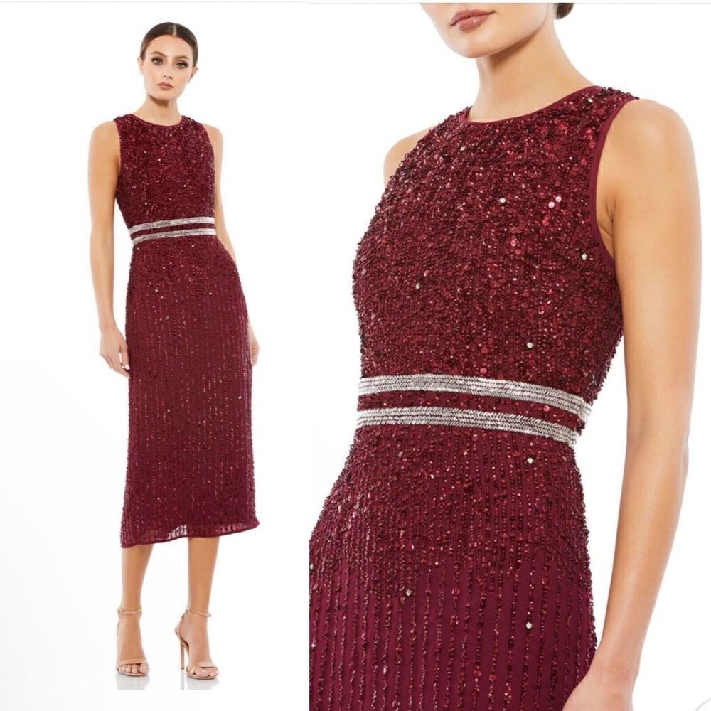 Mac Duggal Red Sequin Beaded Midi Sheath Cocktail DressâGown Sz 6 $398 NWT 10509